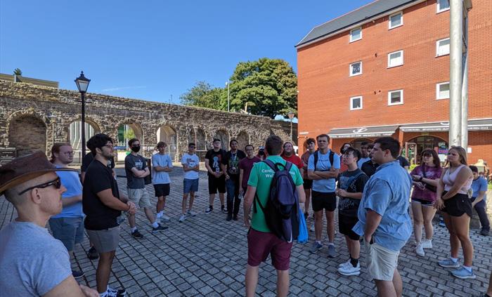 The Swansea walking tour making our way through the historic Swansea marina area of the city.